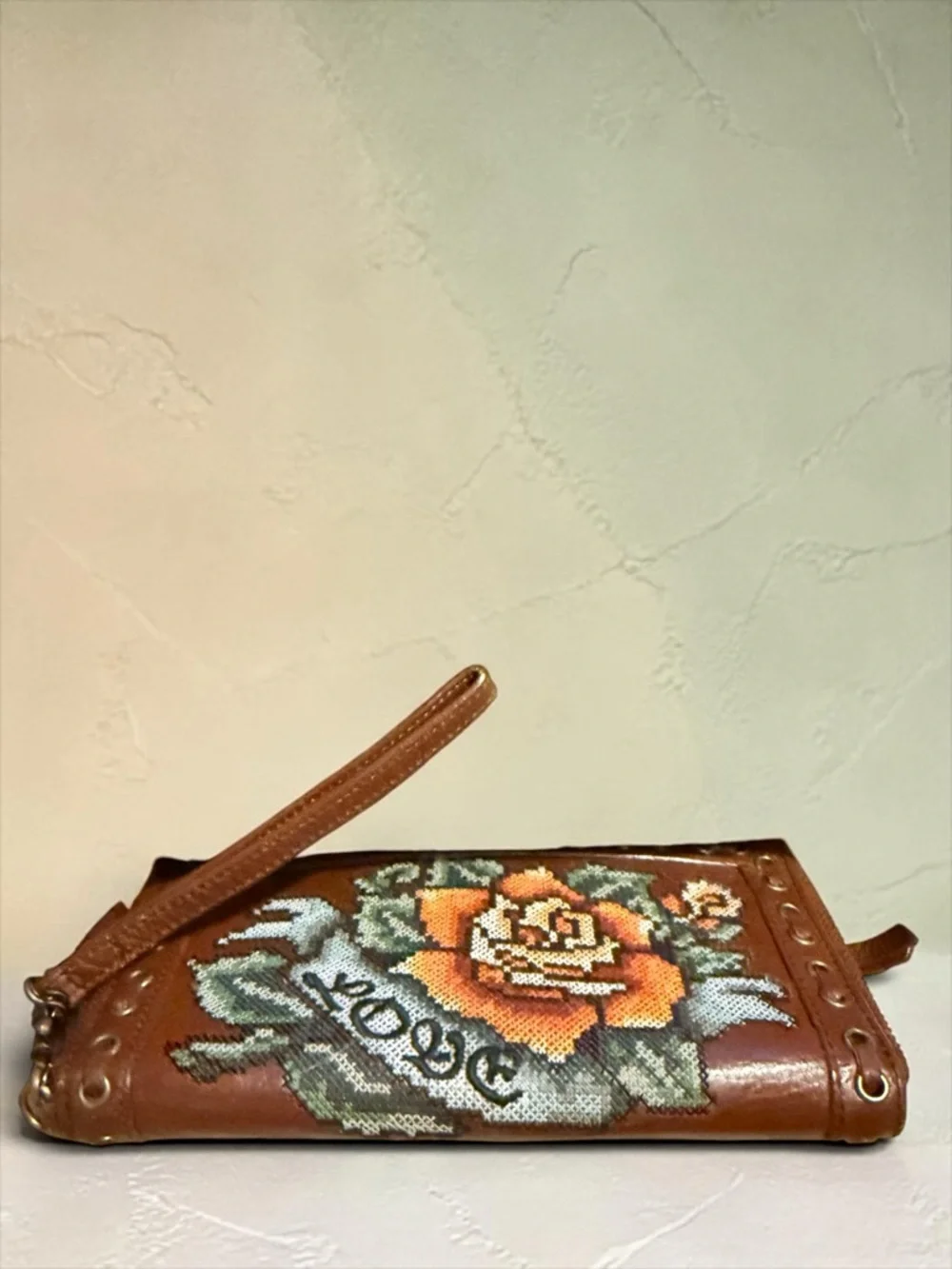 Isabella Fiore Leather Wristlet Wallet Boho Cross Stitch Rose Zip Around Vintage